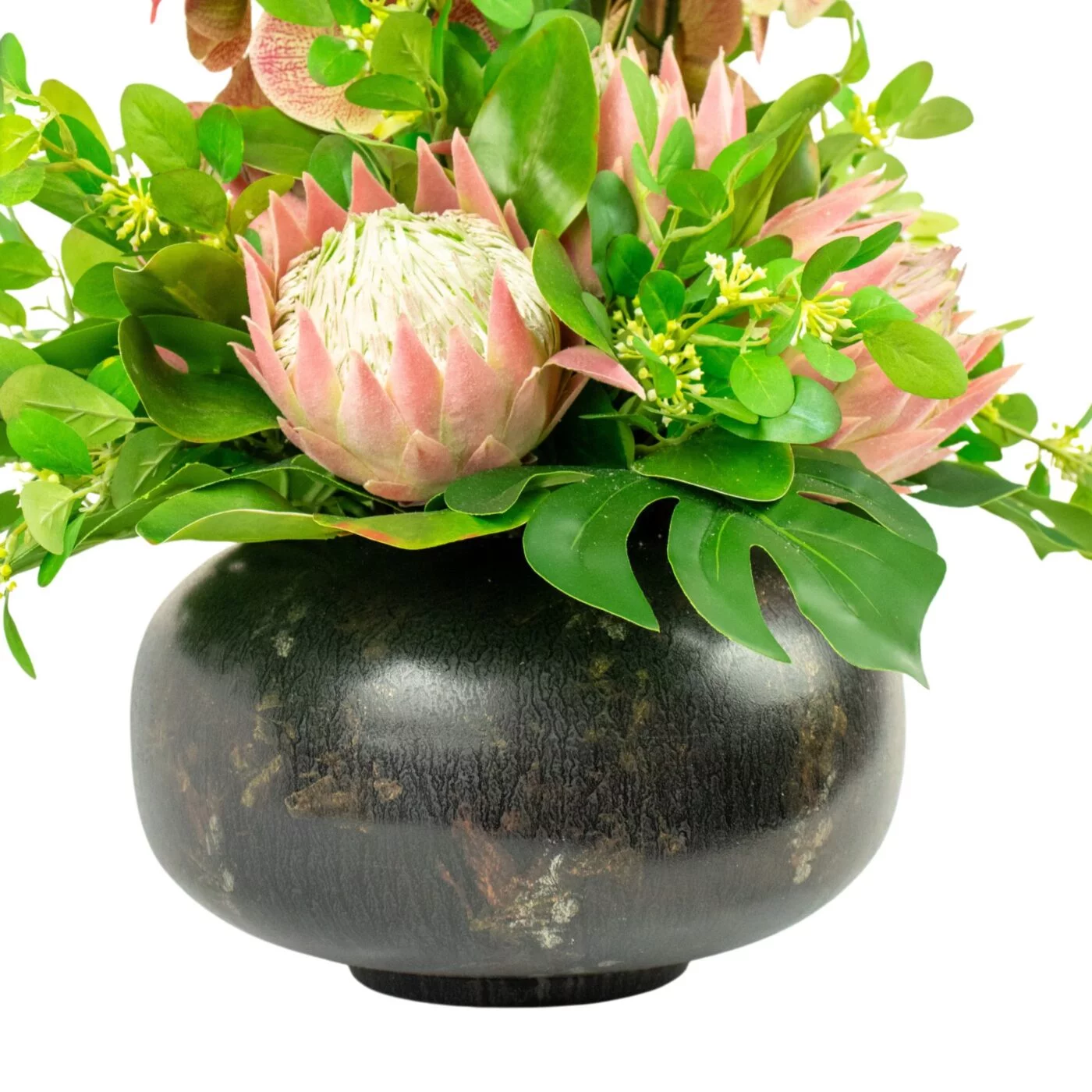 PROTEA WITH SANSEVIERIA AND FOLIAGE IN TIN