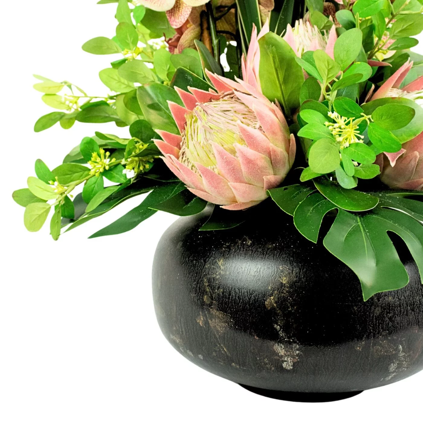 PROTEA WITH SANSEVIERIA AND FOLIAGE IN TIN