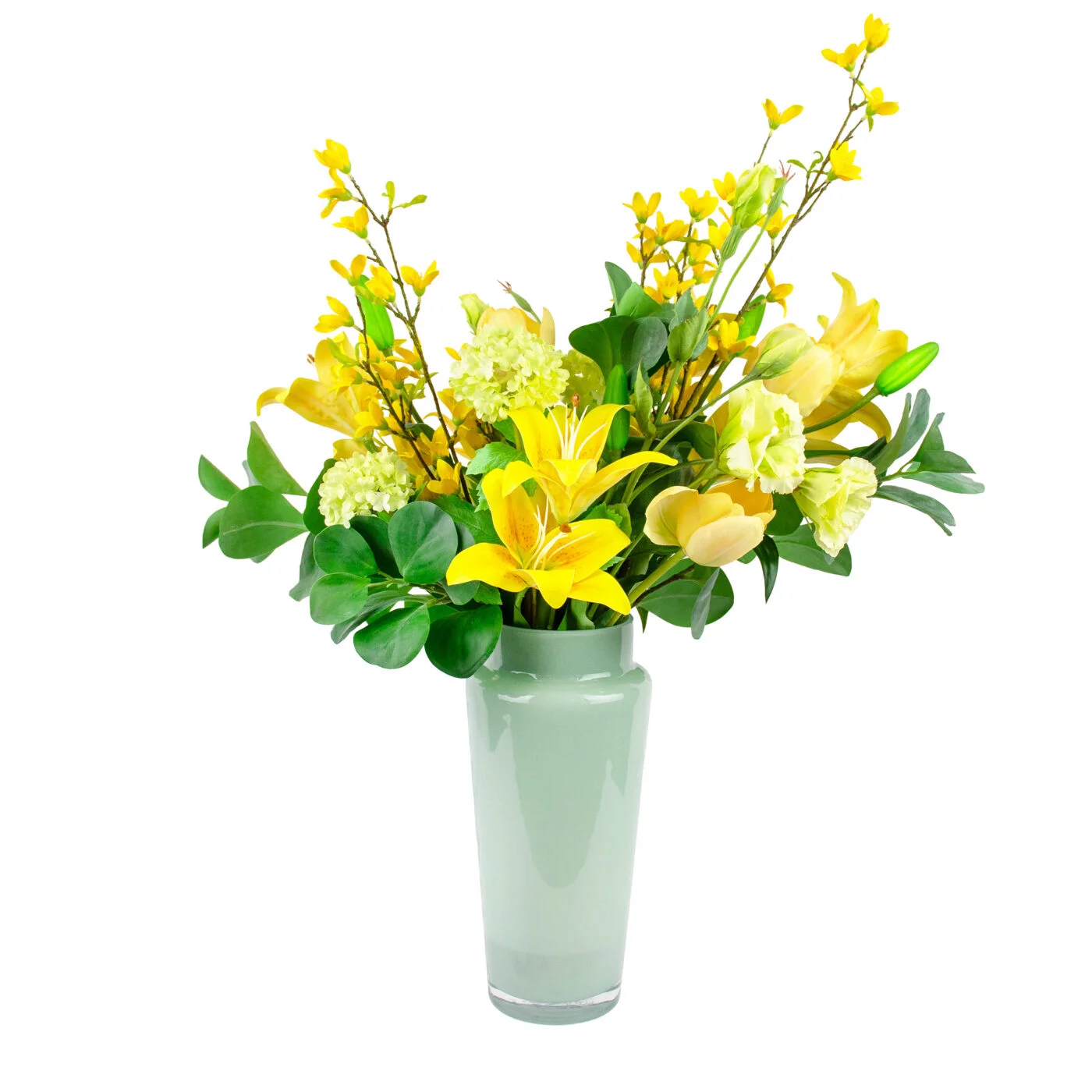 YELLOW LILY WITH FORSYTHIA IN SAGE GREEN GLASS VASE