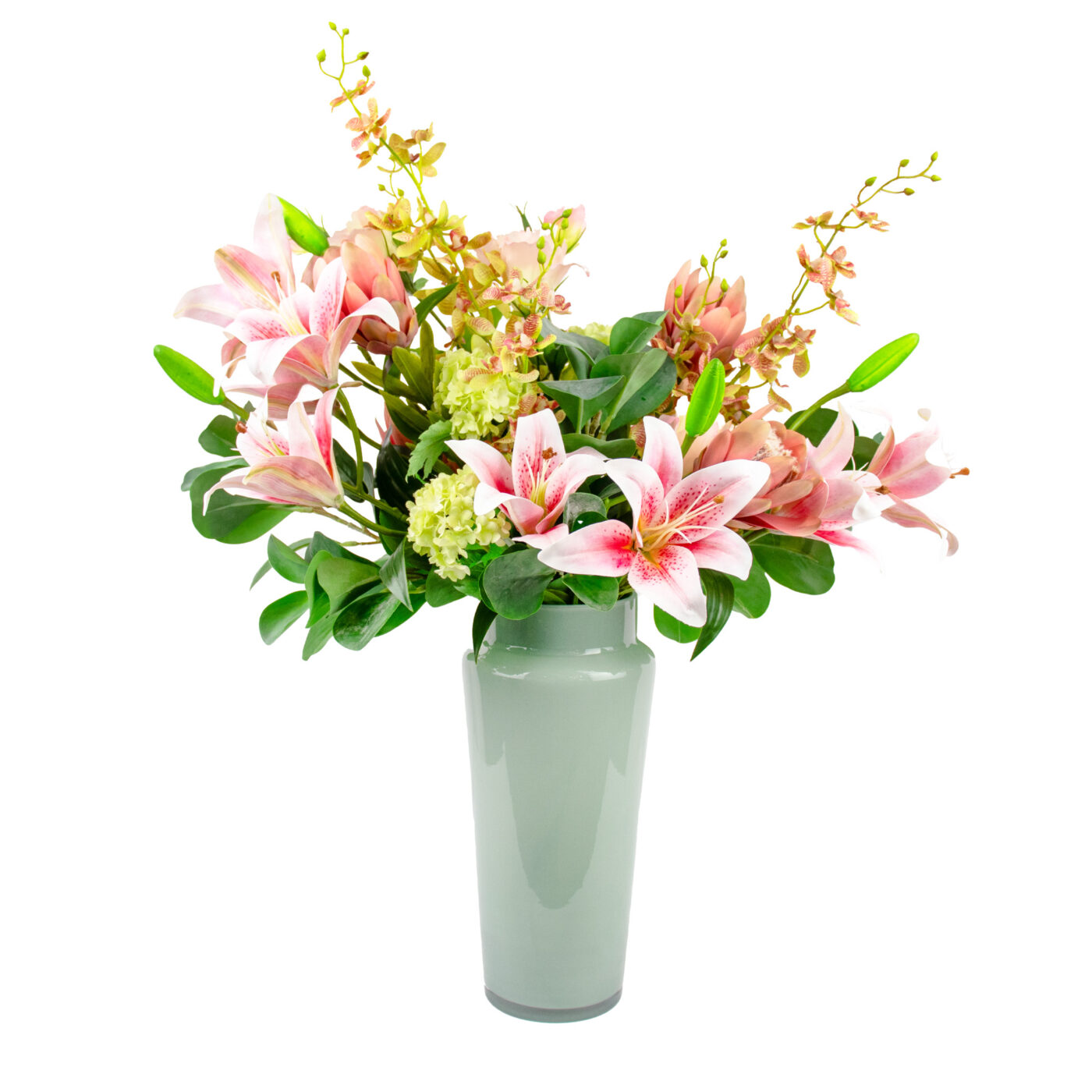 Pink Tiger Lily, Orchid and Green Foliage Flower Arrangement B467