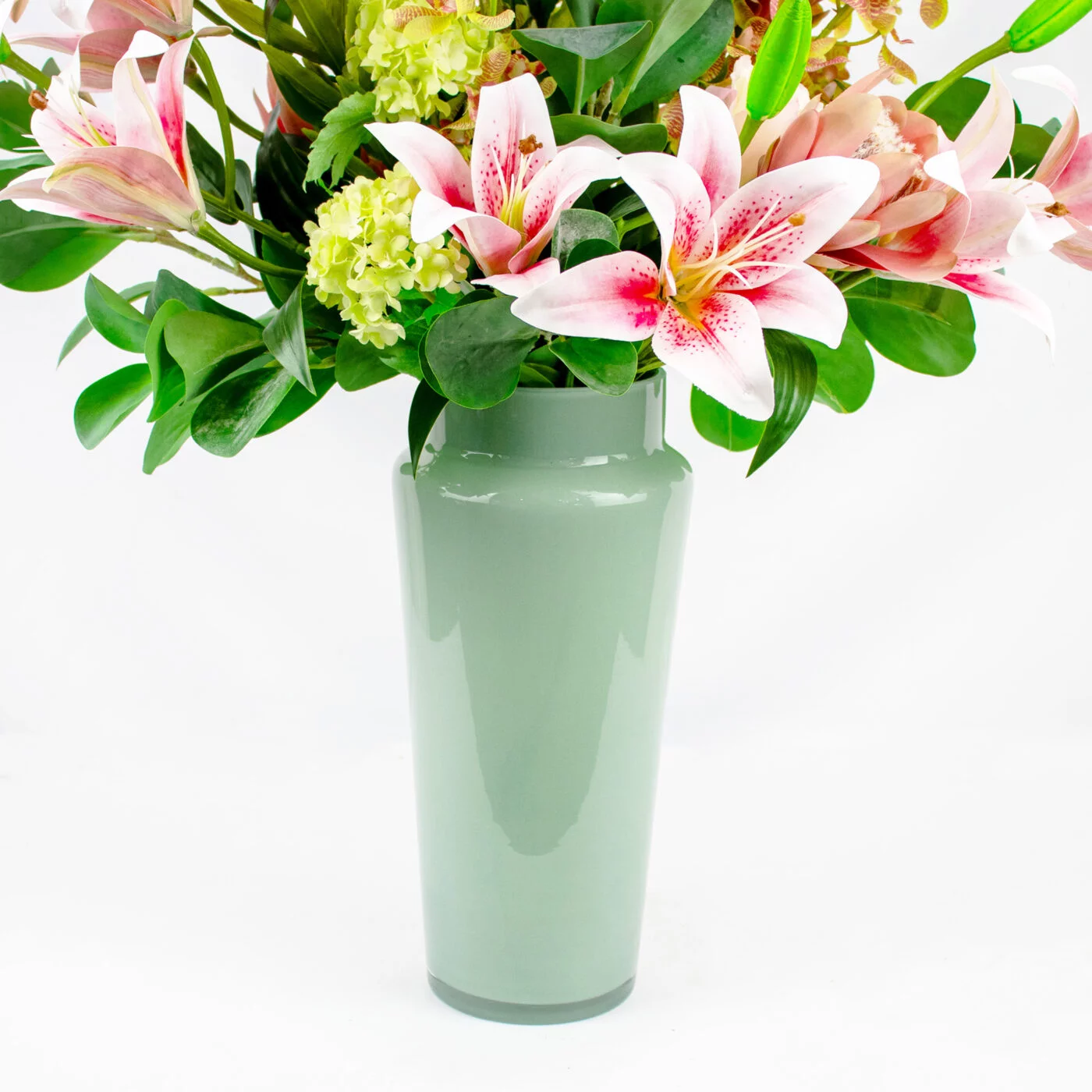 Pink Tiger Lily, Orchid and Green Foliage Flower Arrangement B467