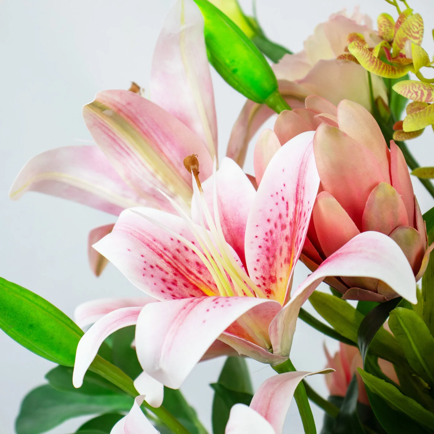 Pink Tiger Lily, Orchid and Green Foliage Flower Arrangement B467