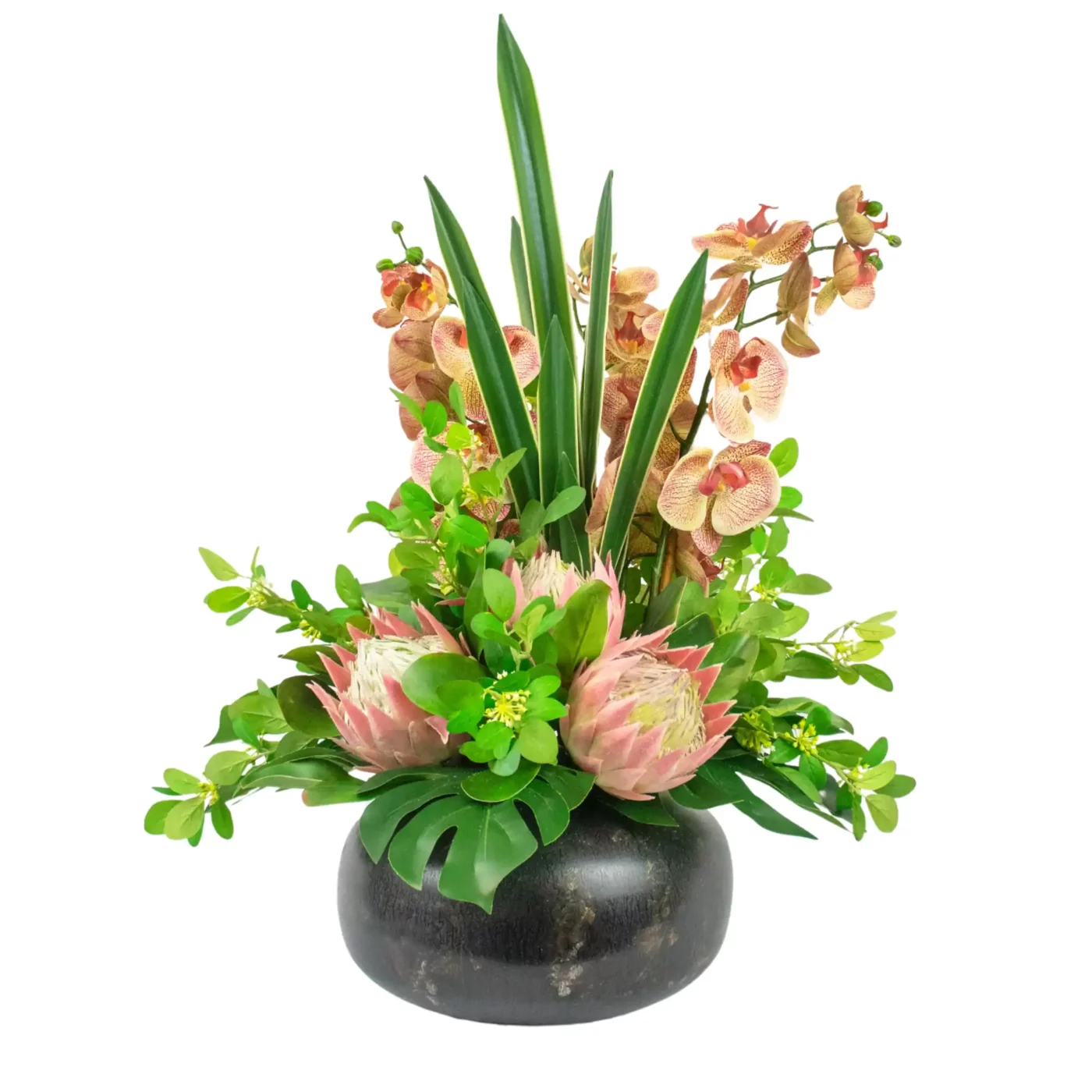 PROTEA WITH SANSEVIERIA AND FOLIAGE IN TIN